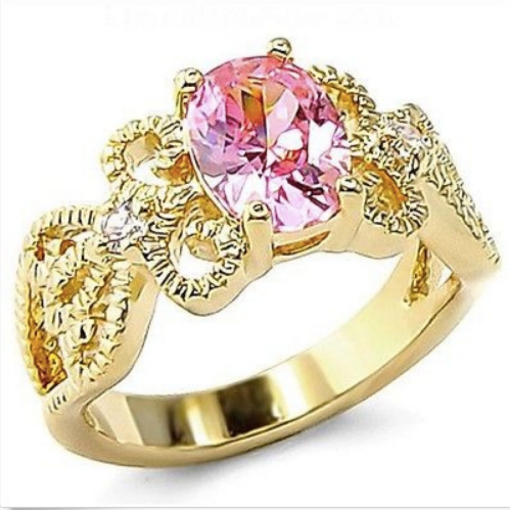 Gold Plated Victorian Filigree Ring Size 8 9 10 Pink Cubic Zirconia Oval Cut